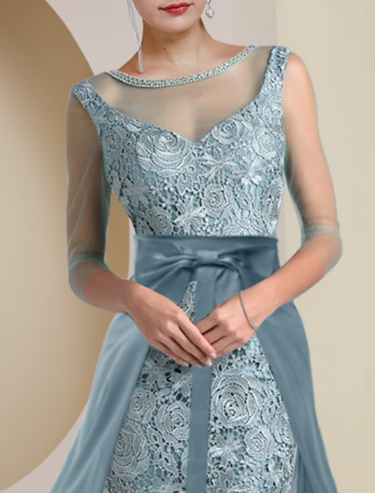 Two Piece Mother of the Bride Dress Formal Wedding Guest Vintage Elegant Length Knee Length Chiffon Lace Length Sleeve with Beading Appliques