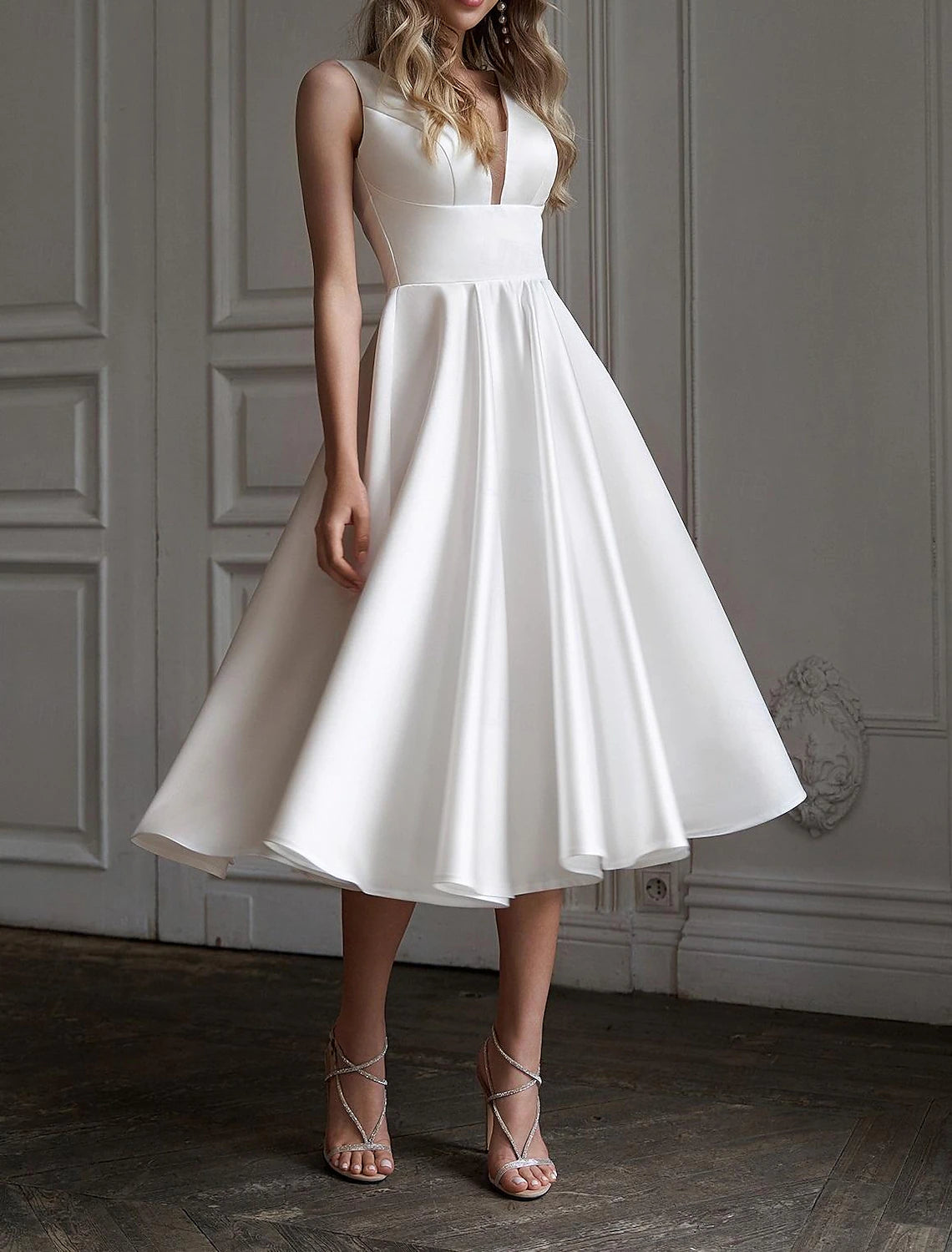 DingJiDress A-Line Cocktail Dresses Elegant Dress Wedding Wedding Guest Tea Length Sleeveless V Neck Satin V Back with Pleats