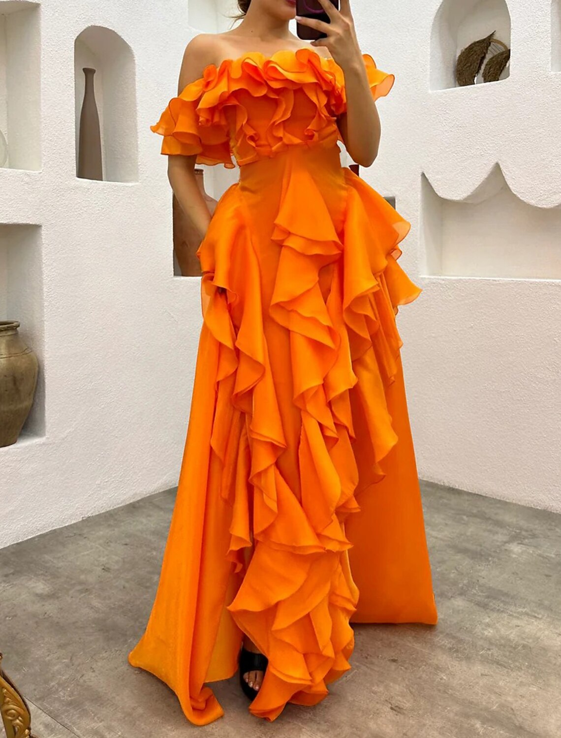 A-Line Evening Dress Black Dress Tiered Plisse Dress Formal Masquerade Sweep / Brush Train Sleeveless Off Shoulder Gothic Chiffon with Ruffles