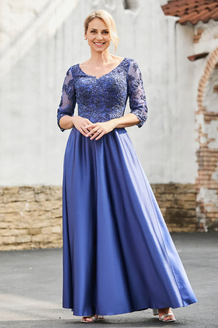 DingJiDress Mother of the Bride Dresses A-Line Satin V-neck Delicate Lace Applique Dress Elegant Dignified Dresses Wedding Guests Dresses