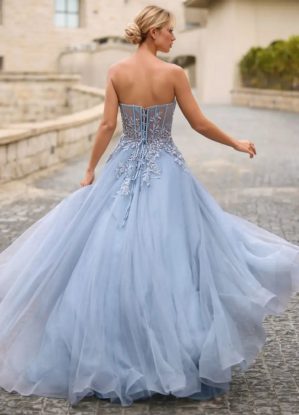 Dusty Blue Sparkle Tulle A Line Detachable Spaghetti Strap Sweetheart Neckline Rhinestone Sheer Lace Side Fork Backless Gorgeous Formal Dresses Affordable Prom Dress