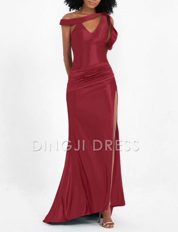 DingJiDress Evening Dress Charming Mermaid High Slit Pleated Satin Open Back Side Fork Long Sweep Train Unique Formal Dress