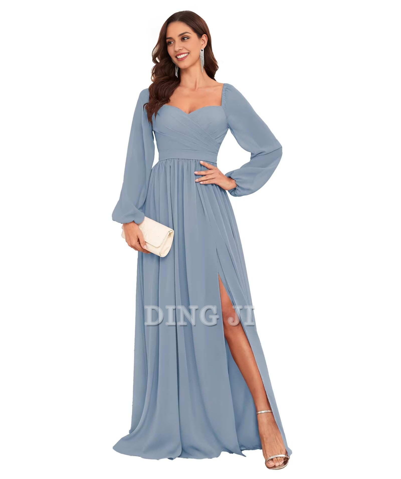 DingJiDress Bridesmaid Dresses Sweetheart Long Sleeve Pleated Side Fork Chiffon Elegant Long Formal Wear Dresses