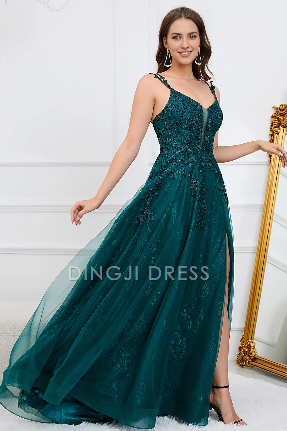 DingJiDress High Quality Dress Evening Dress Elegant A Line Spaghetti Straps Lace Appliques Side Fork Long Prom Dress