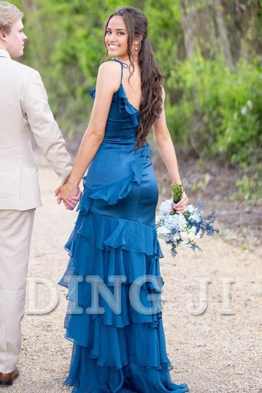 DingJiDress Evening Dress Sweetheart Tie Shoulder Mermaid Ruffle Tiered Long Prom Dress Side Fork Sweep Train Charming Formal Wear Dresses Wedding Guest Dresses