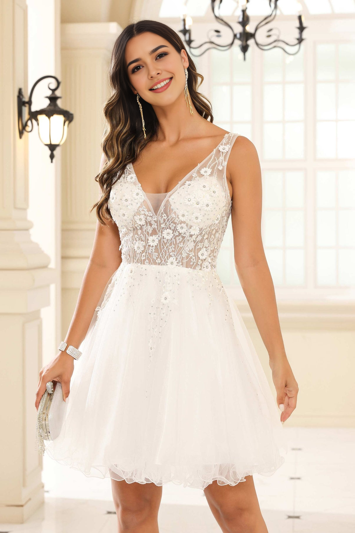 DingJiDress Hot Sale Homecoming Dress Exquisite A-Line V-Neck Sleeveless Applique Tulle Romantic Mini Dress