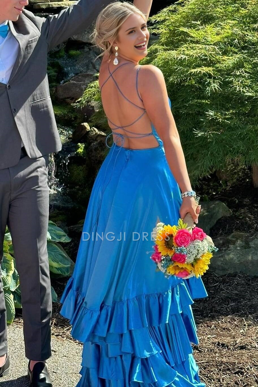 DingJiDress Formal Dress Exquisite A Line Spaghetti Straps Ruched Tiered Backless Side Fork Satin Party Fashion Prom Dress