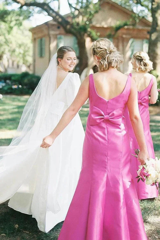 Modern Fuchsia Satin Sheath Square Neck Sleeveless Back Bow With Side Fork Low Cost Floor Length Bridesmaid Dresses