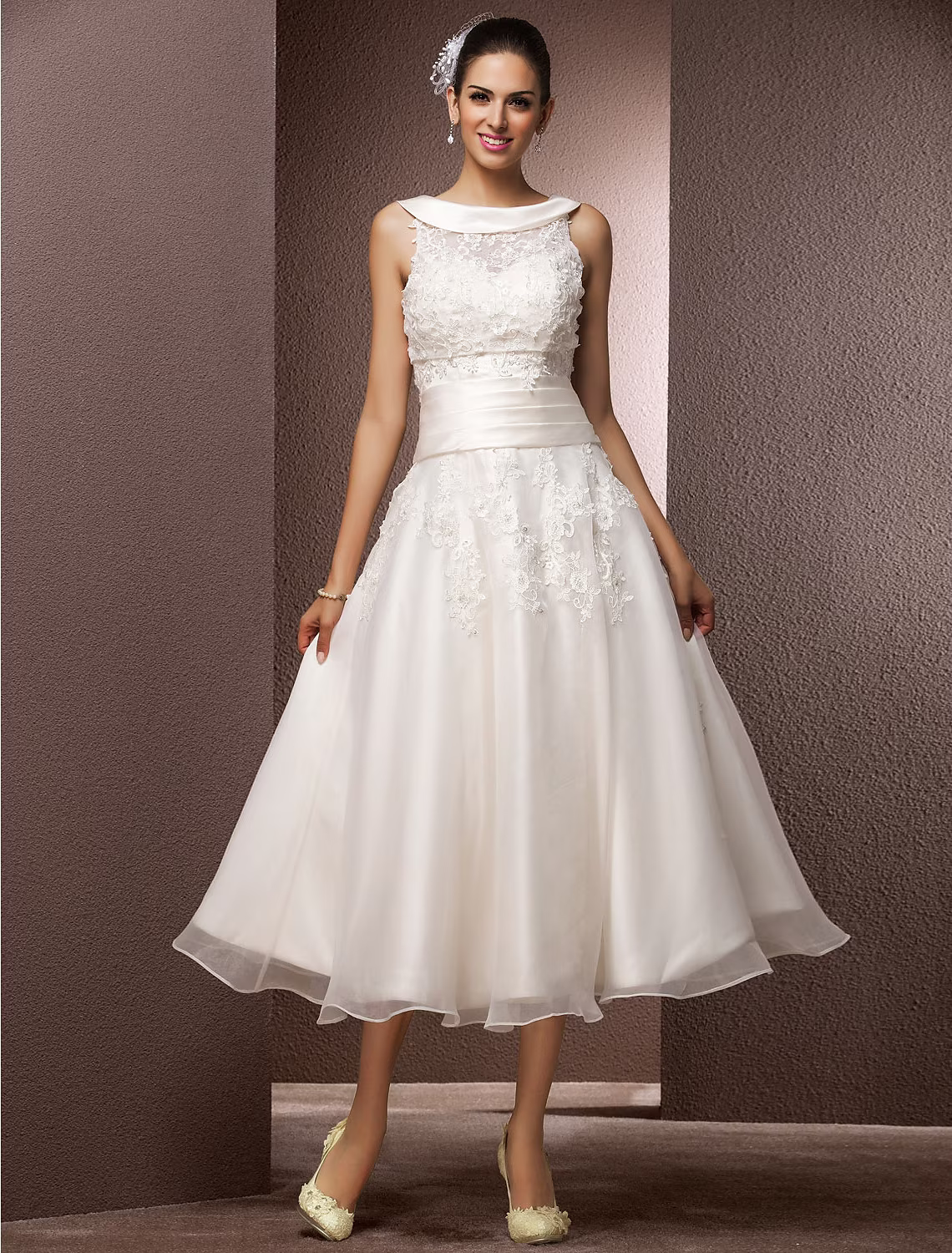 Hall Wedding Dresses Tea Length A-Line Regular Straps Bateau Neck Organza With Pearl Beading