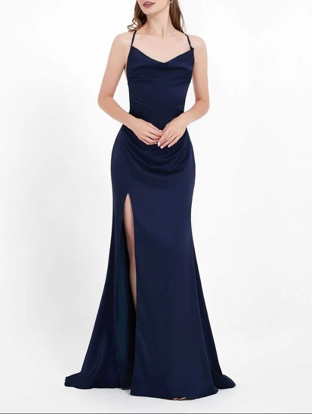 DingJiDress Evening Dress Charming Sheath Cowl neck Spaghetti Straps Backless Lace up Side Slit Dress Sweep Train Simple Formal Dress