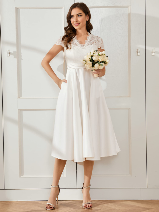 DingJiDress Wedding Dress A-line V-neck Lace See-through Pleated Simple Formal Women's Dresses