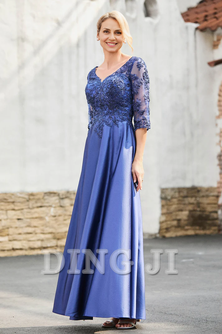 DingJiDress Mother of the Bride Dresses A-Line Satin V-neck Delicate Lace Applique Dress Elegant Dignified Dresses Wedding Guests Dresses