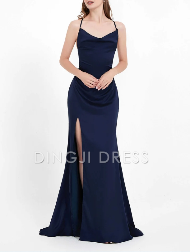 DingJiDress Evening Dress Charming Sheath Cowl neck Spaghetti Straps Backless Lace up Side Slit Dress Sweep Train Simple Formal Dress