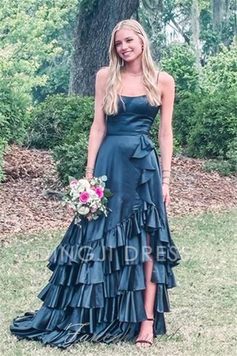 DingJiDress Formal Dress Exquisite A Line Spaghetti Straps Ruched Tiered Backless Side Fork Satin Party Fashion Prom Dress