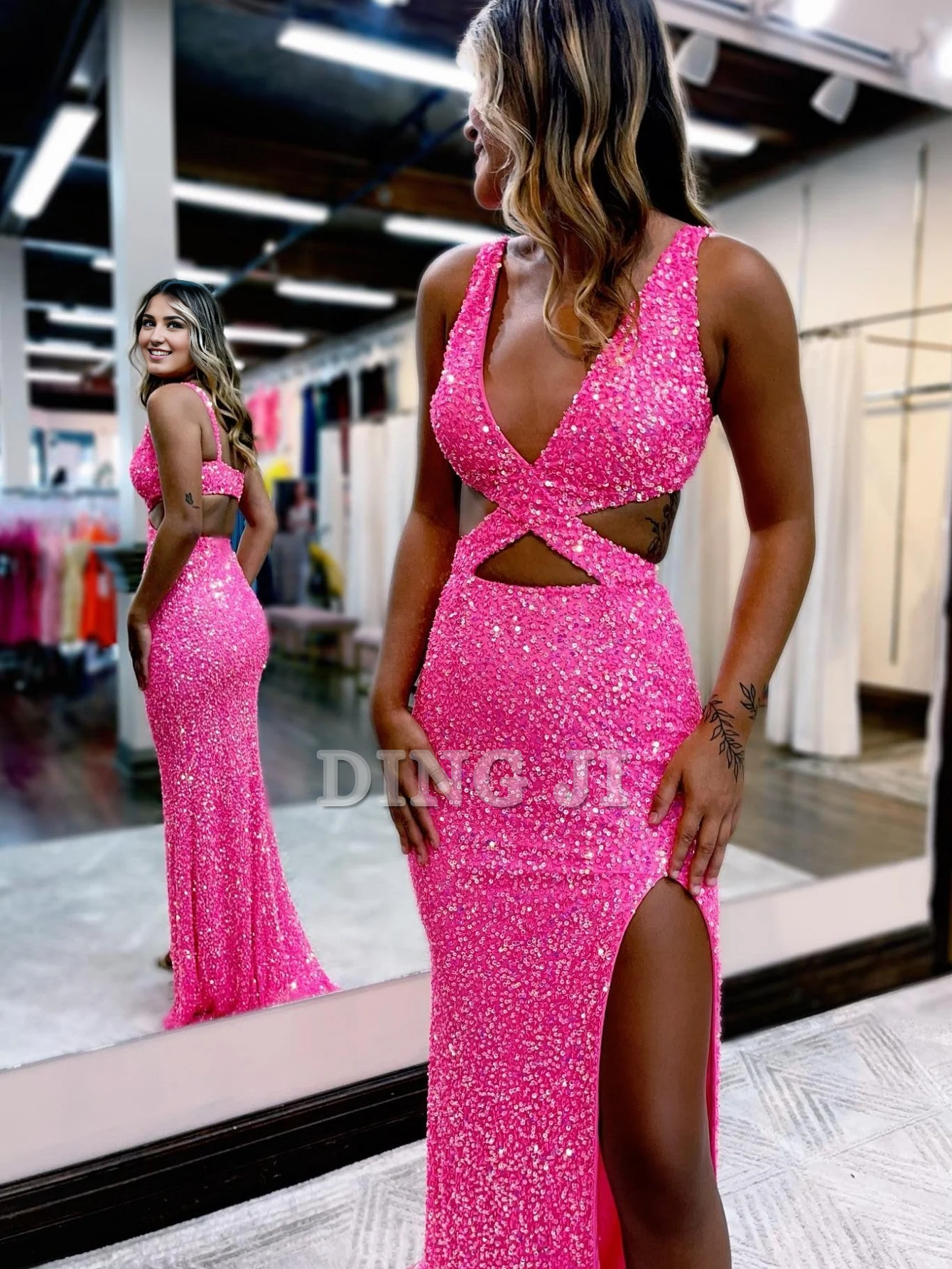 DingJiDress Evening Dress Deep V Neck Mermaid Sequins Sweep Train Prom Dress Side Fork Sexy Charming Formal Women's Dresses Wedding Guest Dresses