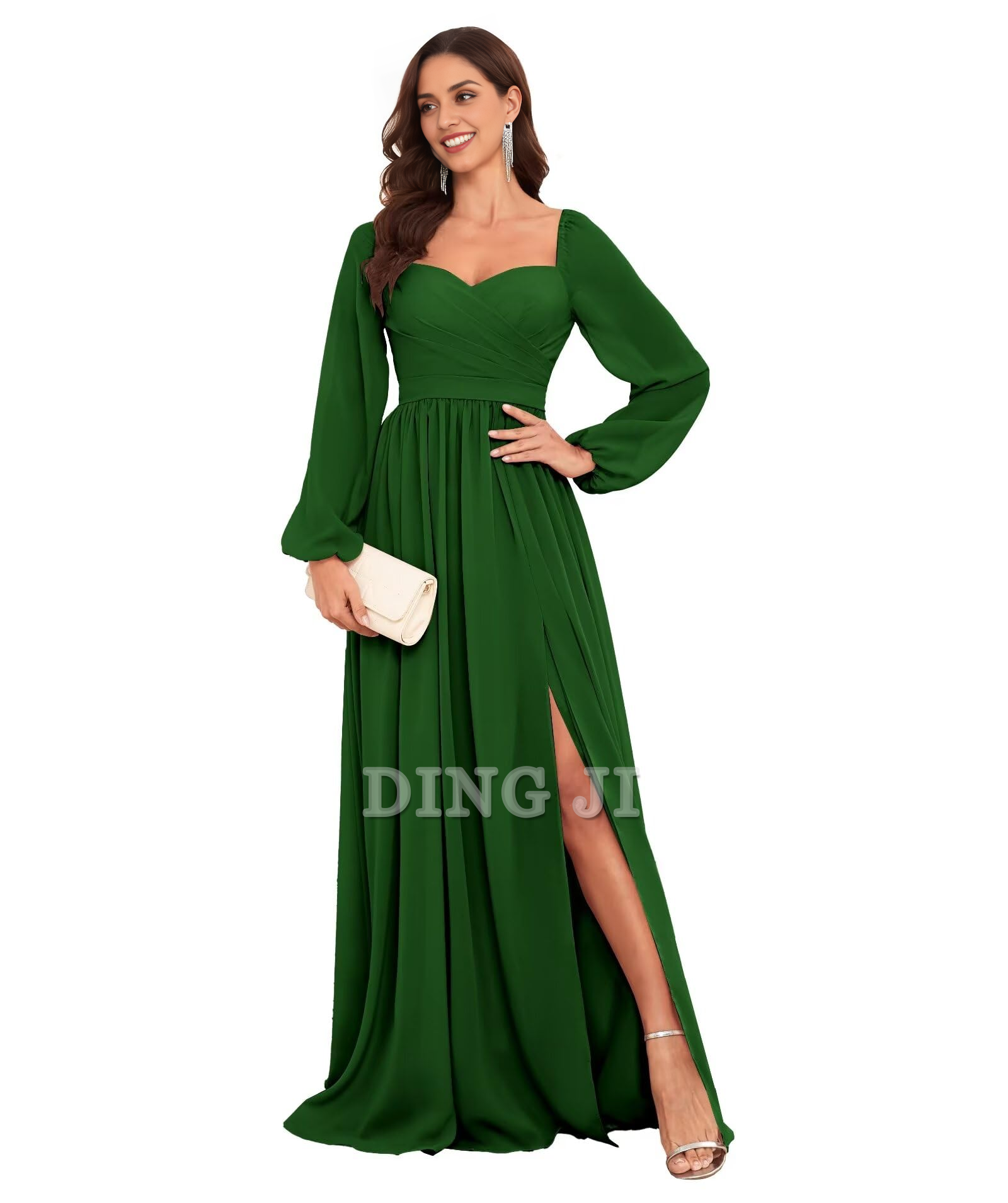 DingJiDress Bridesmaid Dresses Sweetheart Long Sleeve Pleated Side Fork Chiffon Elegant Long Formal Wear Dresses