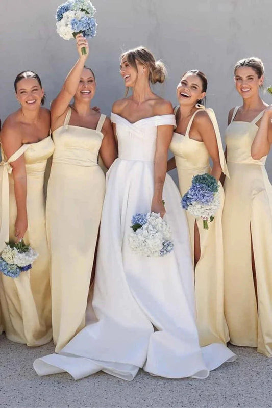 Fashion Yellow Satin Sheath Square Neck Bows Straps Sleeveless with Slit Low Cost Floor Length Bridesmaid Dresses
