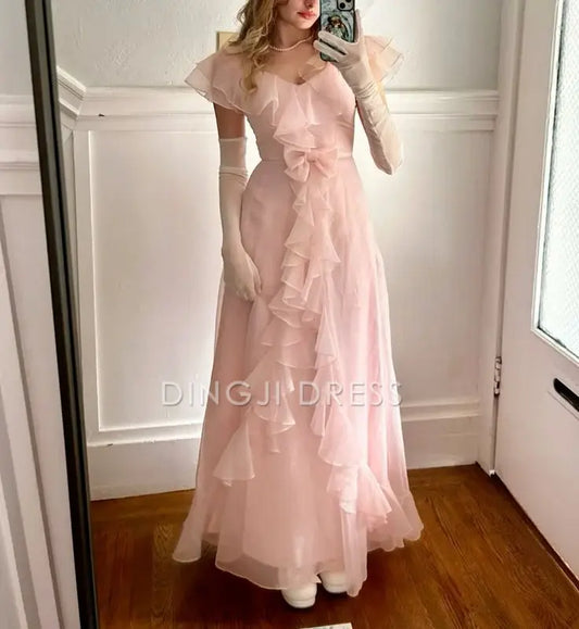DingJiDress Chiffon A Line Formal Dress Ruffle Fantastic Romantic Prom Dress