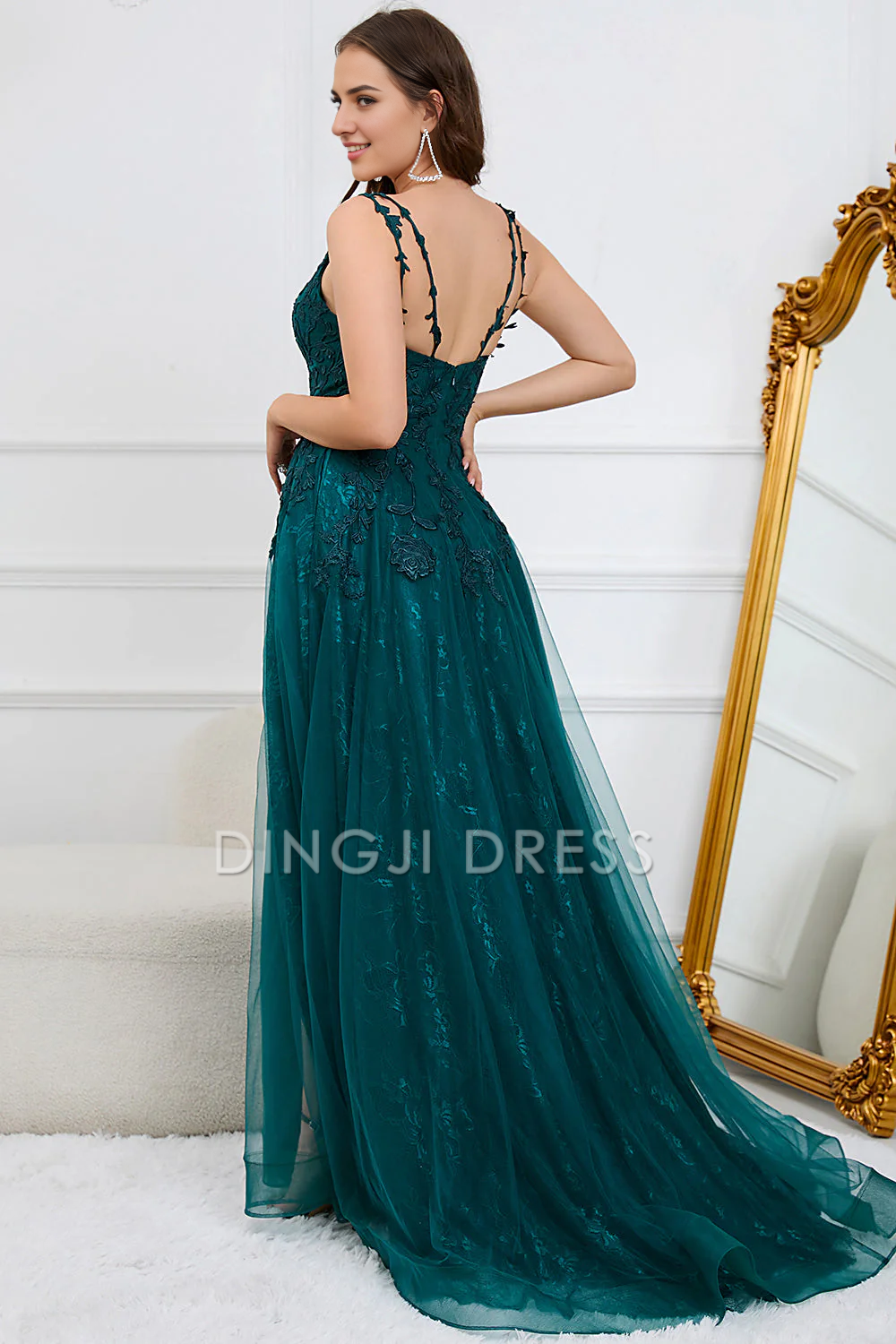 DingJiDress High Quality Dress Evening Dress Elegant A Line Spaghetti Straps Lace Appliques Side Fork Long Prom Dress