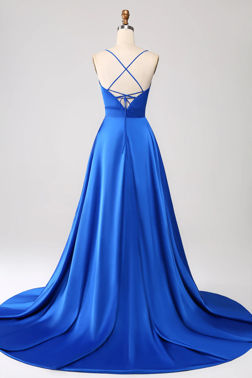 DingJiDress Royal Blue A Line Spaghetti Straps Satin Prom Dress with Slit