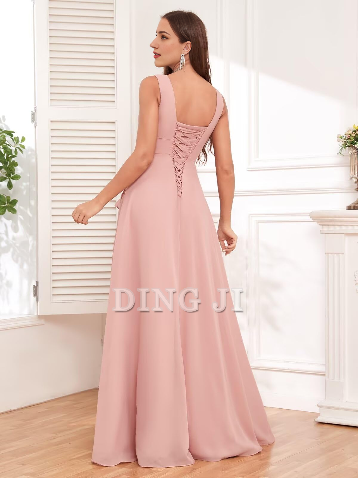 DingJiDress Bridesmaid Dresses Elegant V Neck Chiffon Side Fork Long Formal Wear Dresses