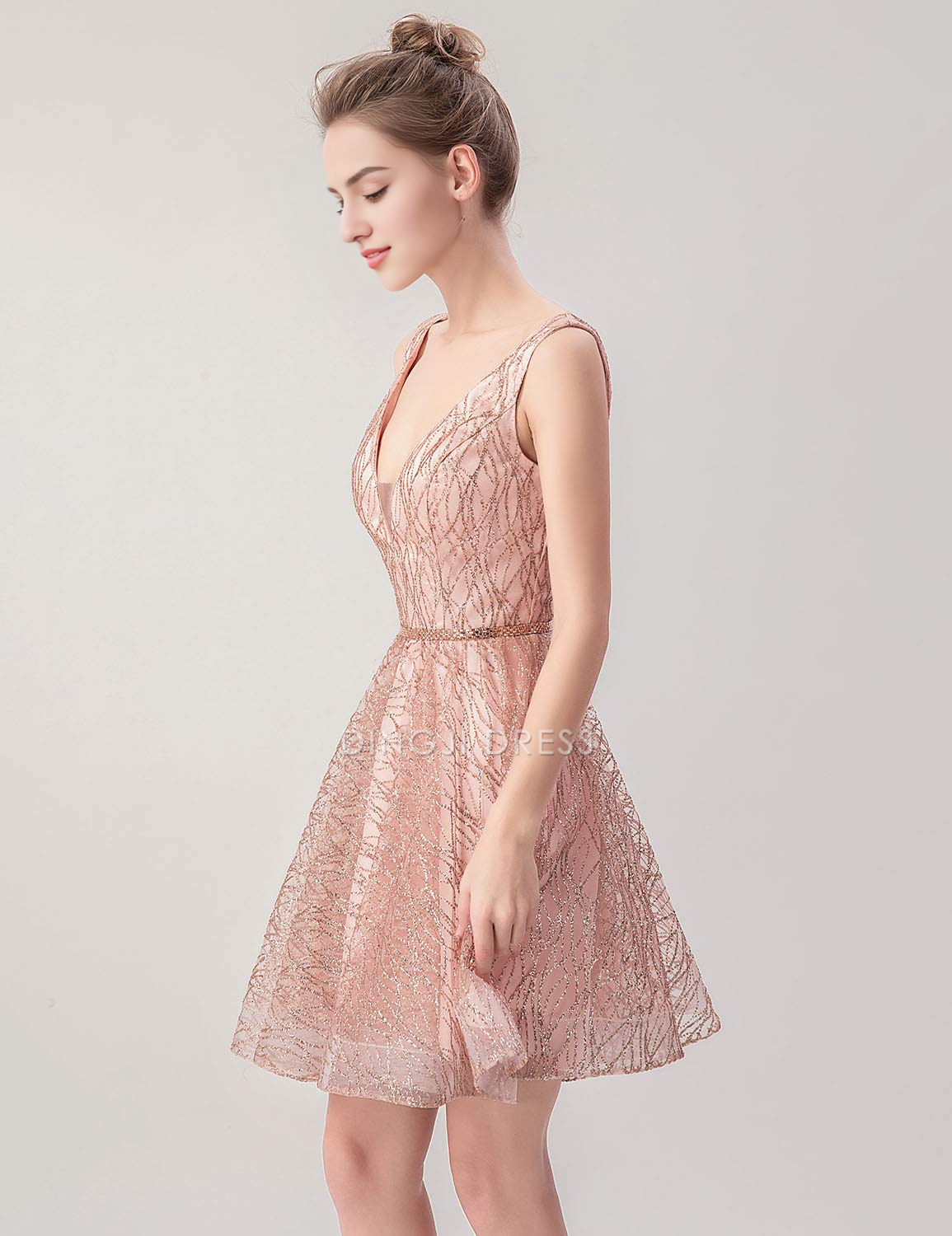 DingJiDress Short Prom Dress Charming A Line V Neck Sleeveless Unique Shiny Best Selling Homecoming Dress