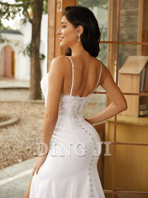 DingJiDress Wedding Dresses Mermaid Sheath/Column Stretch Crepe Lace V-neck Sleeveless Sweep/Brush Train Exquisite Elegant Wedding Guests Dresses