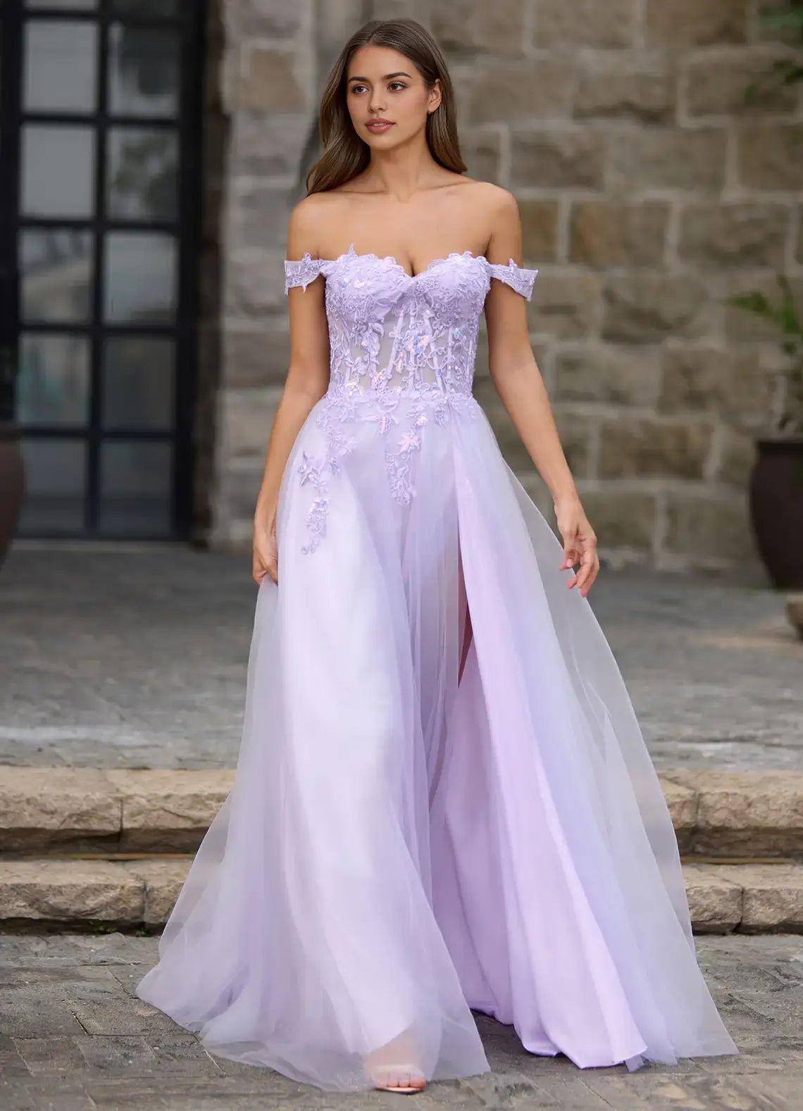 Purple Gossamer A Line Off-the-Shoulder Sweetheart Neckline Lace Applique Backless Side Fork Affordable Formal Dress Elegant Prom Dress