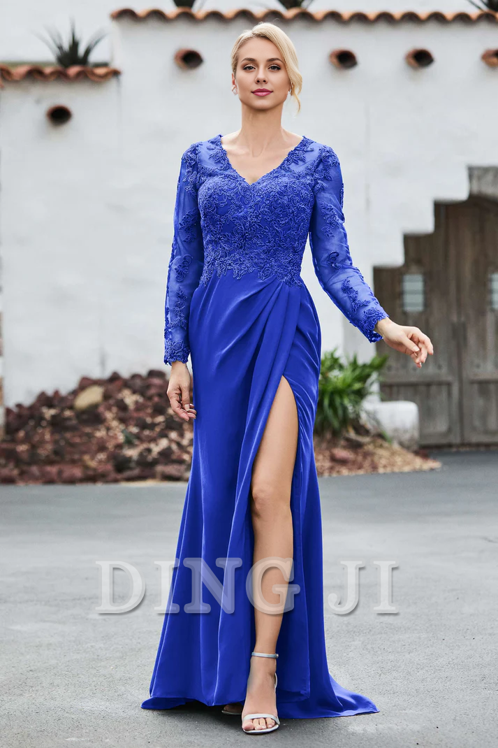 DingJiDress Mother of the Bride Dresses Lace Applique V-neck Long Sleeves High Slit Elegant Dignified Dress Wedding Guests Dresses