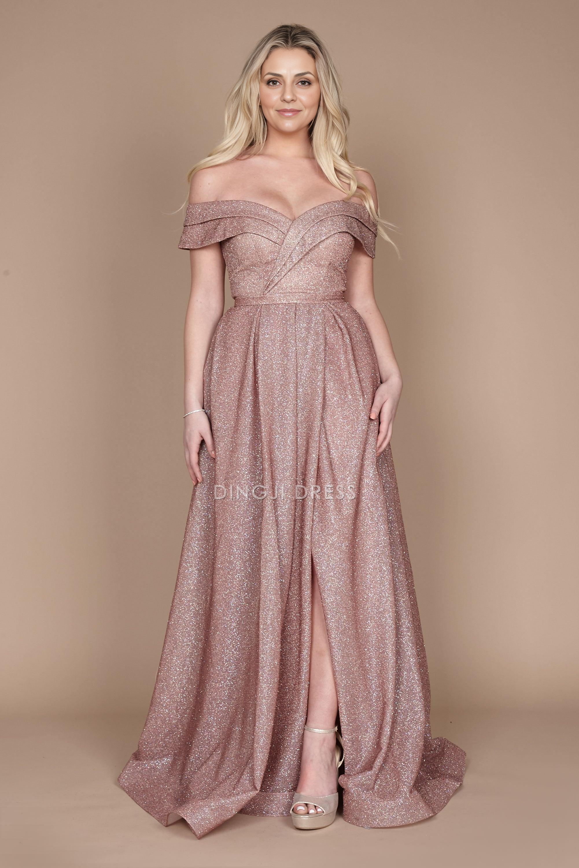 DingJiDress Evening Dress Elegant Off Shoulder Sweetheart Neckline High Front Slit Glitter Long Mother Of The Bride Dress