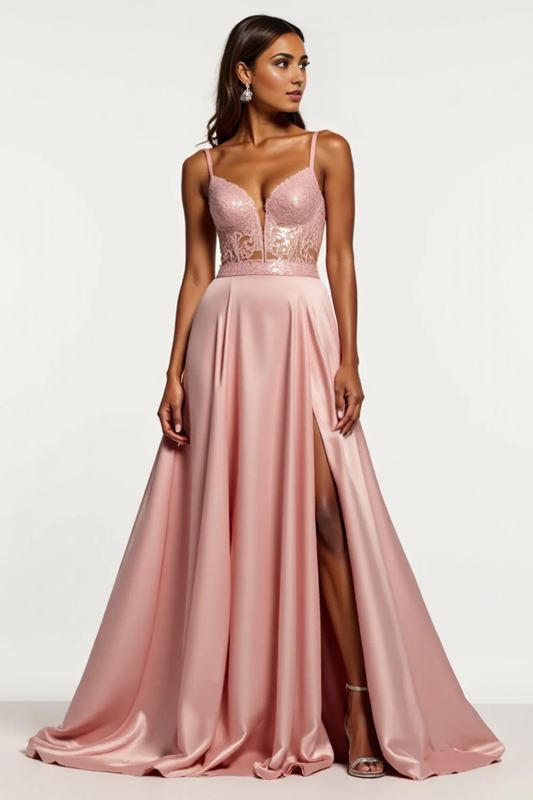 DingJiDress High Quality Dress Charming A Line V-Neck Spaghetti Strap Corset Backless With Slit Long Prom Dress