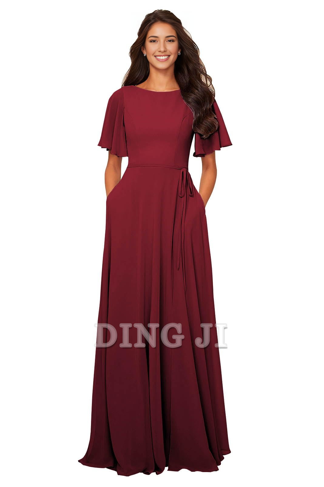 DingJiDress Bridesmaid Dresses Chiffon Modest A Line Bateau Neck Flutter Sleeve Elegant Formal Wear Dresses