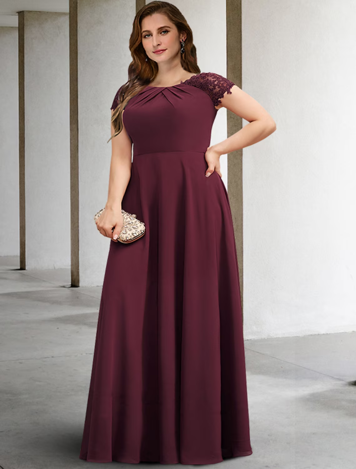 A-Line Plus Size Curve Mother of the Bride Dresses Elegant Formal Floor Length Short Sleeve Chiffon with Pleats Appliques