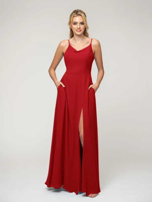 A Line Cowl Neckline Chiffon Spaghetti Straps Bridesmaid Dresses