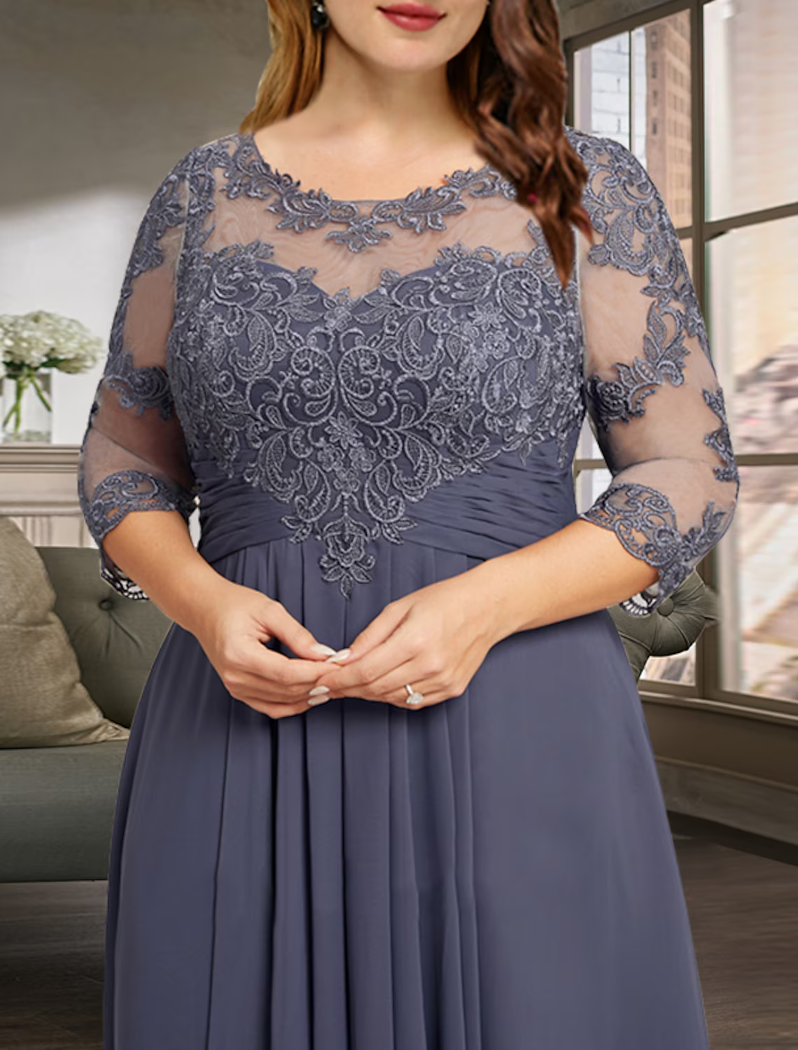 Mother of the Bride Dress Wedding Guest Elegant Asymmetrical Chiffon Lace Sleeve with Pleats