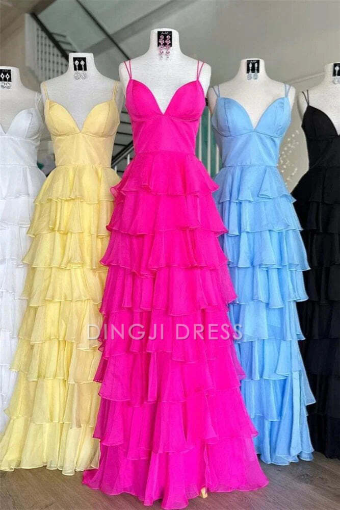 DingJiDress Formal Dress Exquisite A-Line V-Neck Spaghetti Straps Chiffon Tiered Party Fashion Prom Dress
