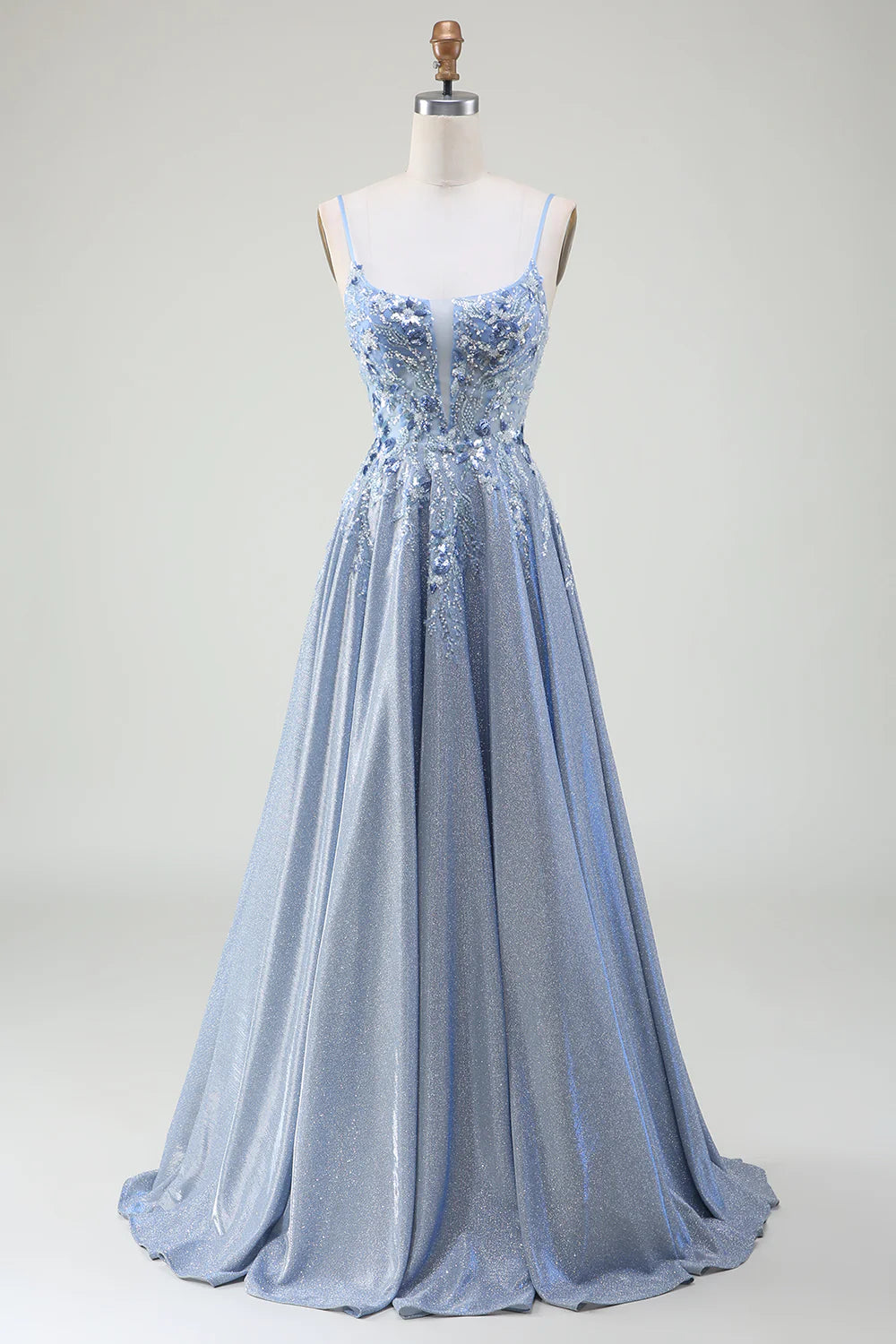 DingJiDress Glitter A-Line Spaghetti Straps Grey Blue Prom Dress