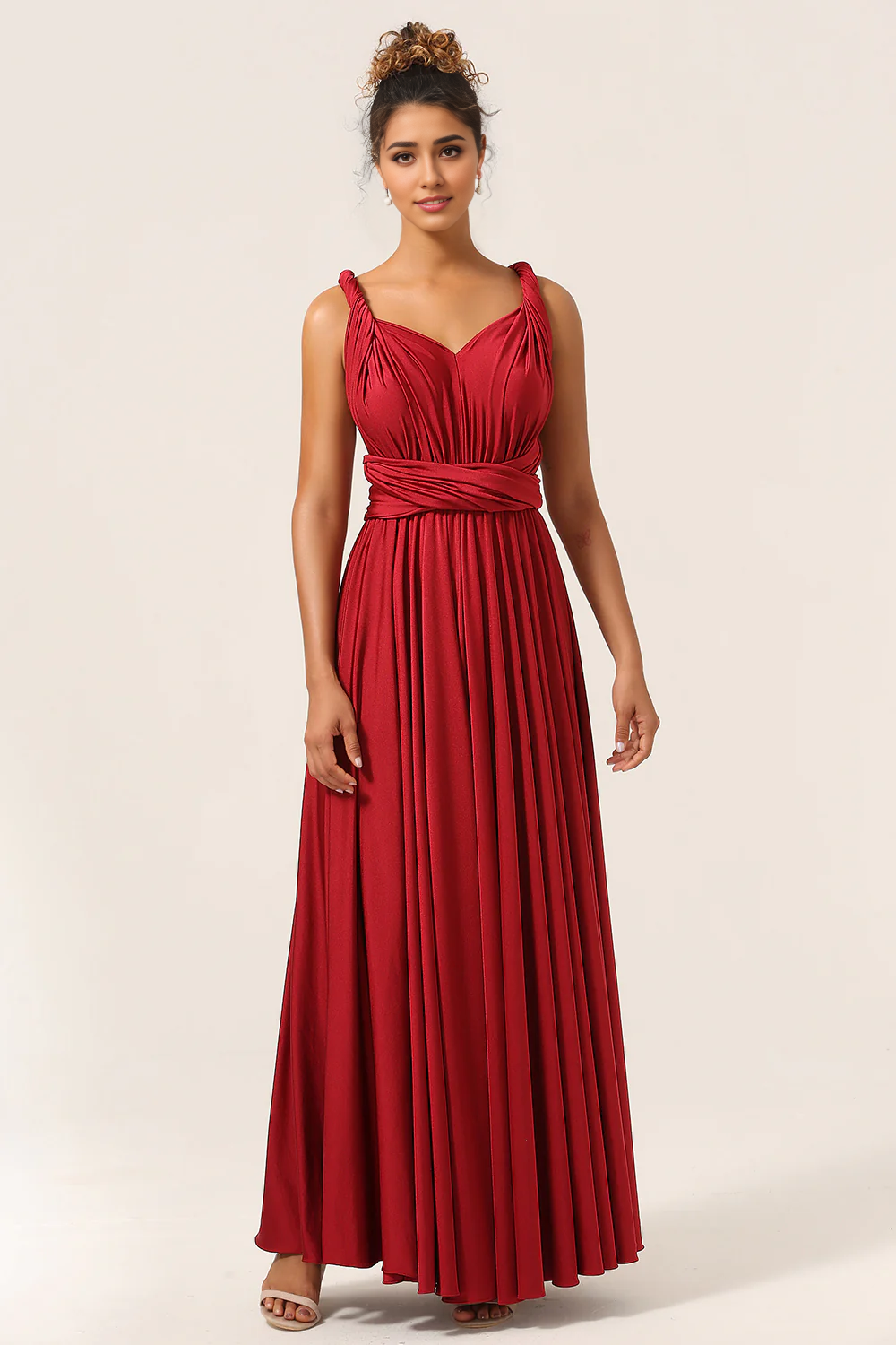 DingJiDress Burgundy A-Line Long Bridesmaid Dress Convertible Ruched Prom Dresses