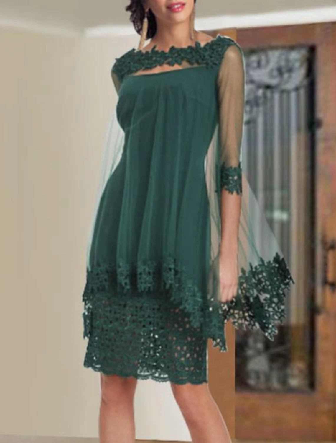 Two Piece Sheath / Column Mother of the Bride Dress Elegant Wrap Included Square Neck Knee Length Chiffon Lace Half Sleeve with Appliques