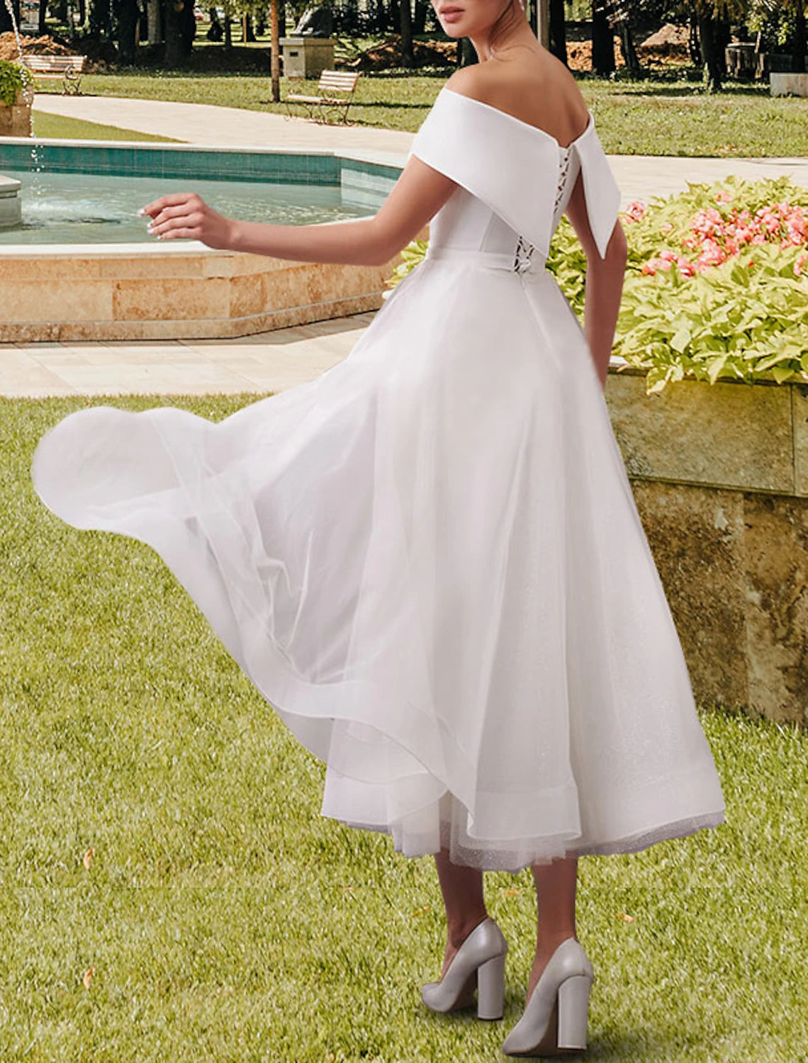 Reception Little White Dresses Wedding Dresses A-Line Off Shoulder Cap Sleeve Tea Length Satin Bridal Gowns With Sashes / Ribbons