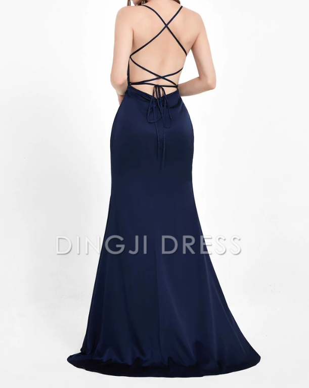 DingJiDress Evening Dress Charming Sheath Cowl neck Spaghetti Straps Backless Lace up Side Slit Dress Sweep Train Simple Formal Dress