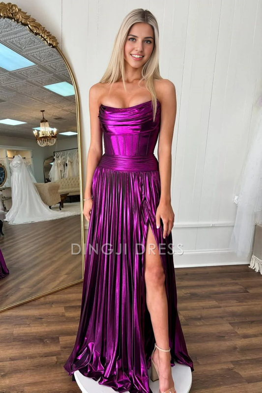 DingJiDress A-Line Strapless Long Pleated Metallic with Slit Fashion Prom Dress