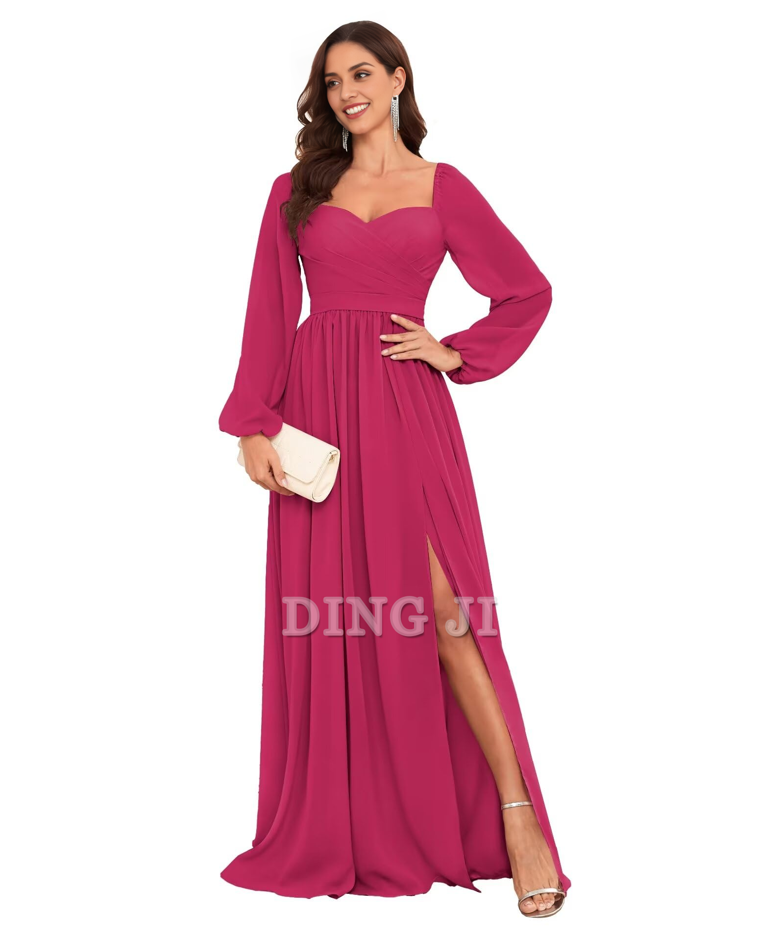 DingJiDress Bridesmaid Dresses Sweetheart Long Sleeve Pleated Side Fork Chiffon Elegant Long Formal Wear Dresses