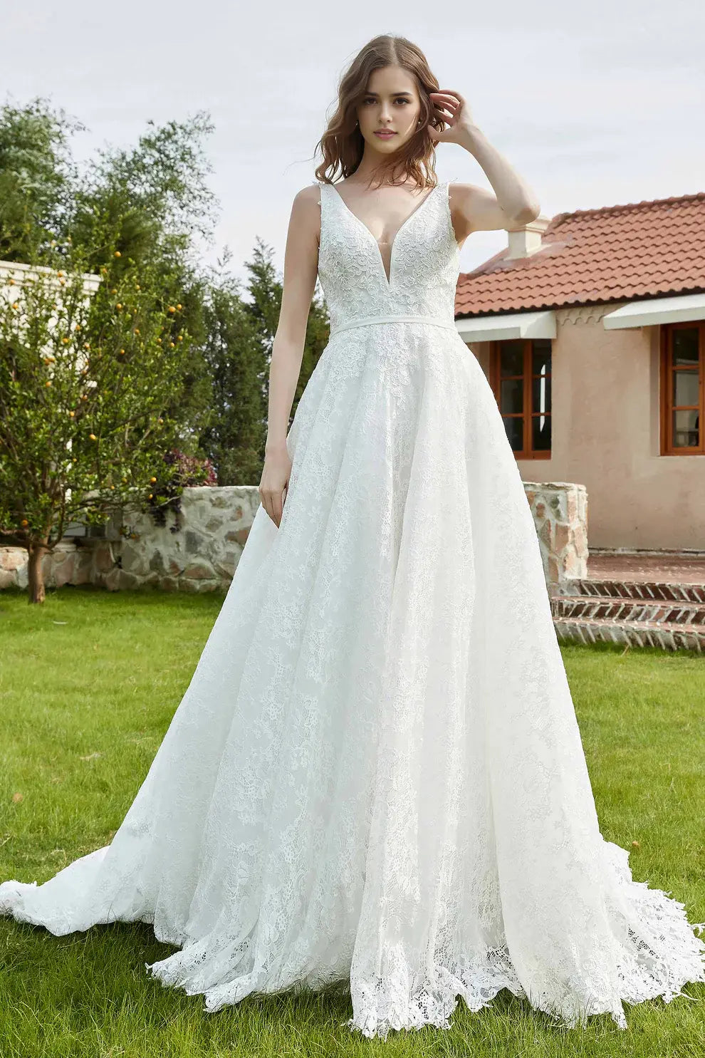 Exquisite Lace A-Line Plunging V-Neck Sleeveless Backless Affordable Hot Sale Wedding Dress