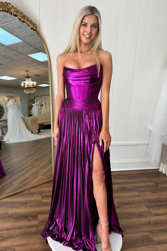 DingJiDress A-Line Strapless Long Pleated Metallic with Slit Fashion Prom Dress