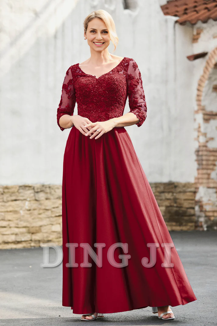 DingJiDress Mother of the Bride Dresses A-Line Satin V-neck Delicate Lace Applique Dress Elegant Dignified Dresses Wedding Guests Dresses