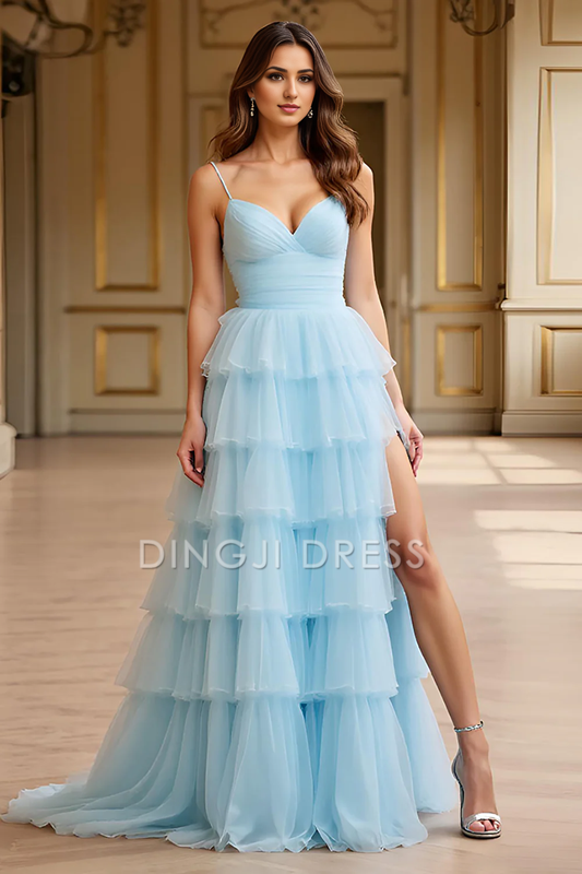 DingJiDress High Quality Dress Romantic A Line Spaghetti Straps Sweetheart Backless Ruched Tiered Long With Slit Prom Dress