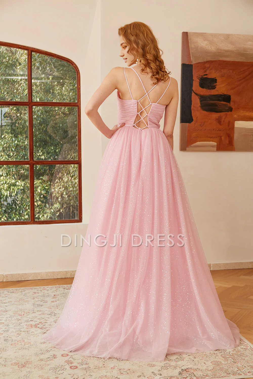DingJiDress High Quality Dress Exquisite Glitter Sweetheart Spaghetti Strap Lace-Up Ruched Backless Long Prom Dress