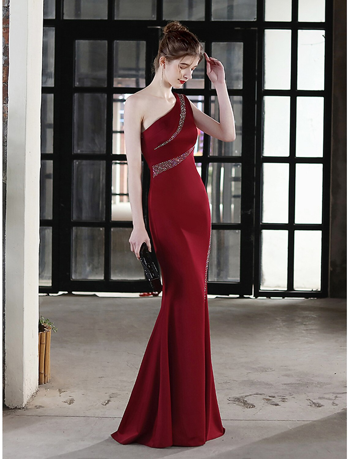Evening Gown Sexy Dress Wedding Guest Floor Length Sleeveless One Shoulder Stretch Satin with Crystals