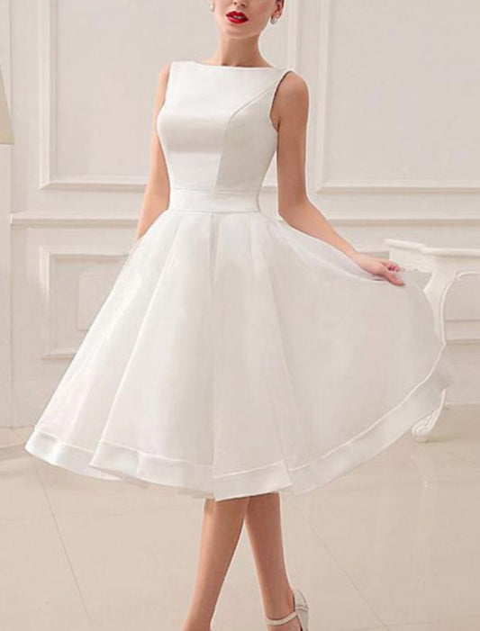 DingJiDress Reception Vintage 1940s / 1950s Little White Dresses Wedding Dresses A-Line Scoop Neck Sleeveless Knee Length Satin Bridal Gowns With Bow(s)